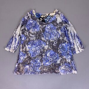 Essentials Top Plus Size 0X Blue Floral Lace Rhinestone Embellished 3/4 Sleeve